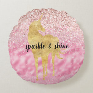 Pink Gold Glitzy Glitzer Unicorn Rundes Kissen