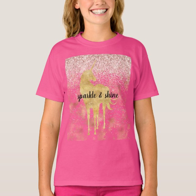 Pink Gold Glitzy Glitzer Unicorn T-Shirt (Vorderseite)
