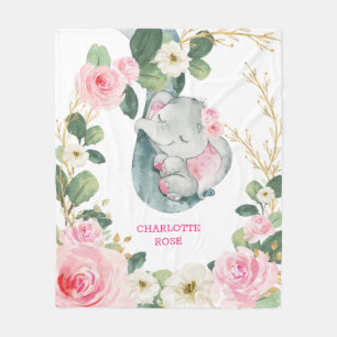 Pink Gold Greenery Rose Elephant Girl Kinderzimmer Fleecedecke