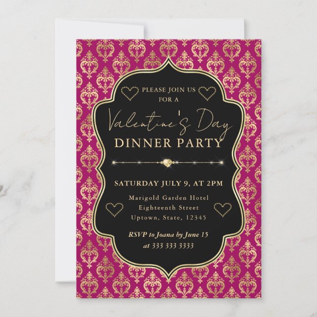 Pink & Gold Heart Damask Valentine's Dinner Party Einladung (Vorderseite)