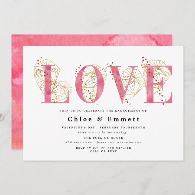 Pink Gold Heart Geometric Engagement Party Einladung (Vorne/Hinten)