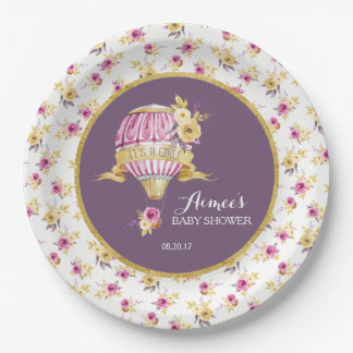 Pink+Gold Heißluftballon Babydusche Personalisiert Pappteller