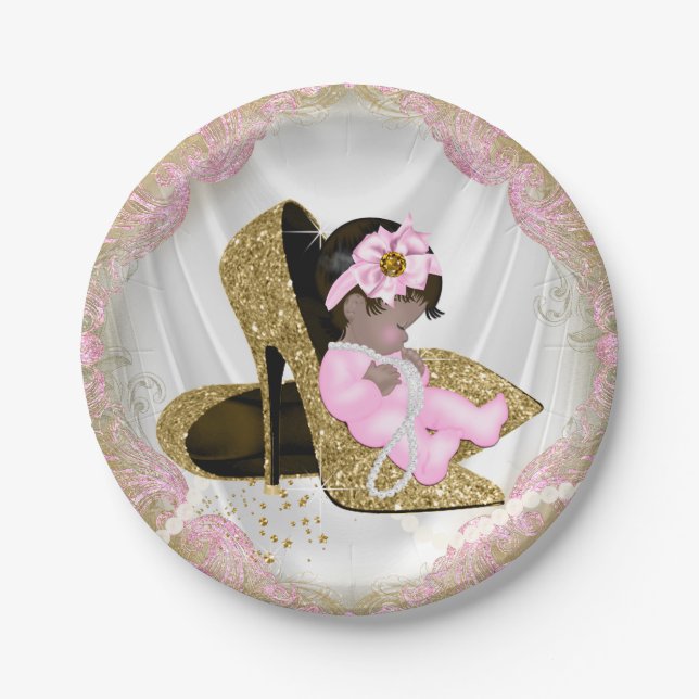 Pink Gold High Heel Ethnic Girl Baby Dusche Pappteller (Vorderseite)