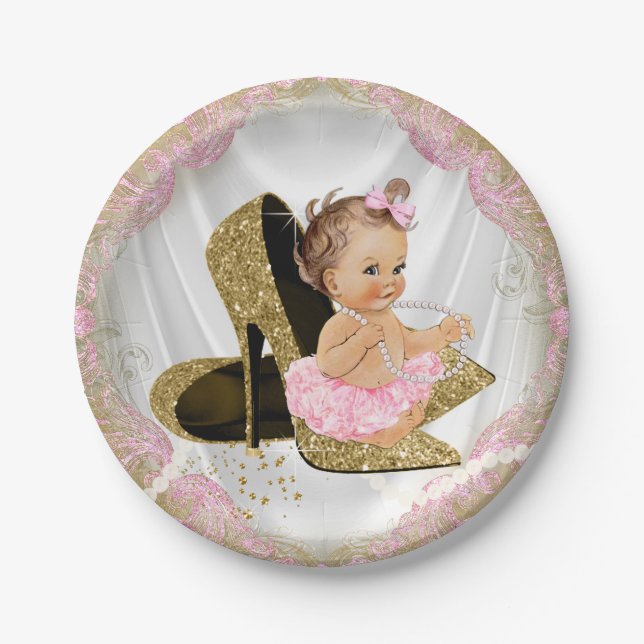Pink Gold High Heel Girl Baby Dusche Pappteller (Vorderseite)