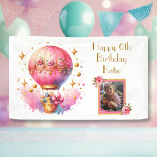 Pink Gold Hot Air Balloons Personalisiert Geburtst Banner