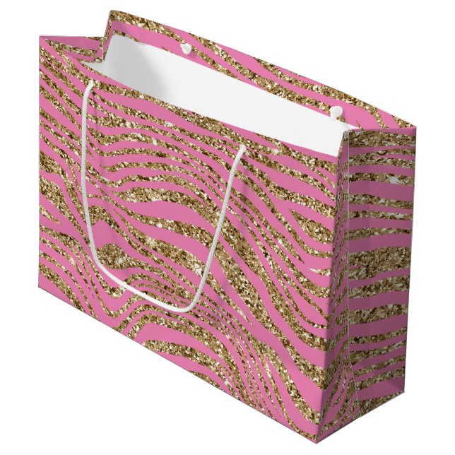 Pink Gold Imitats Glitzer Zebra Große Geschenktüte (Vorderseite Schrägansicht)