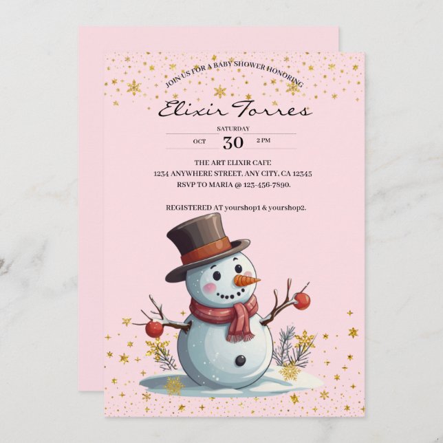Pink & Gold Kleine Schneeflocken Snowman Baby Dusc Einladung (Vorne/Hinten)
