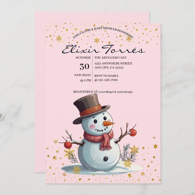 Pink & Gold Kleine Schneeflocken Snowman Baby Dusc Einladung (Vorne/Hinten)