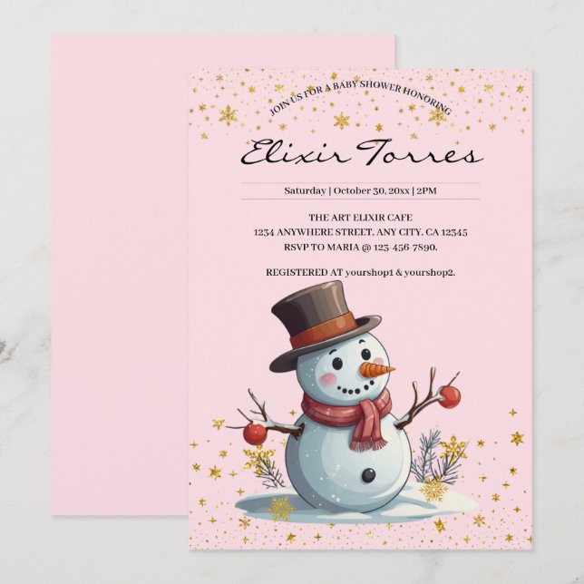 Pink & Gold Kleine Schneeflocken Snowman Baby Dusc Einladung (Vorne/Hinten)
