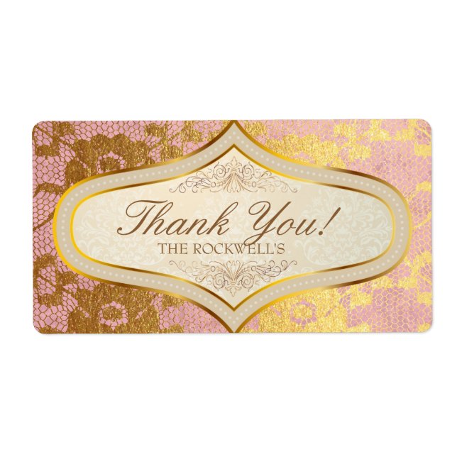 Pink Gold Lace Cream Wedding Label Vielen Dank (Vorne)