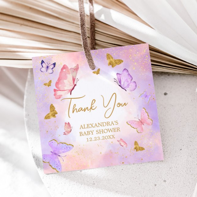 Pink Gold Lila Butterfly Baby Dusche Geschenkanhänger (Pink Gold Purple Butterfly Baby Shower Square Favor Tags )
