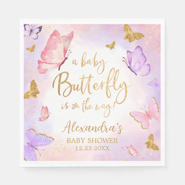 Pink Gold Lila Butterfly Baby Dusche Serviette (Vorderseite)