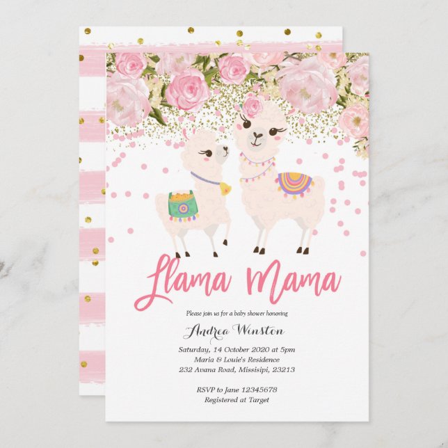 Pink Gold Llama Mama Baby Dusche Einladung (Vorne/Hinten)