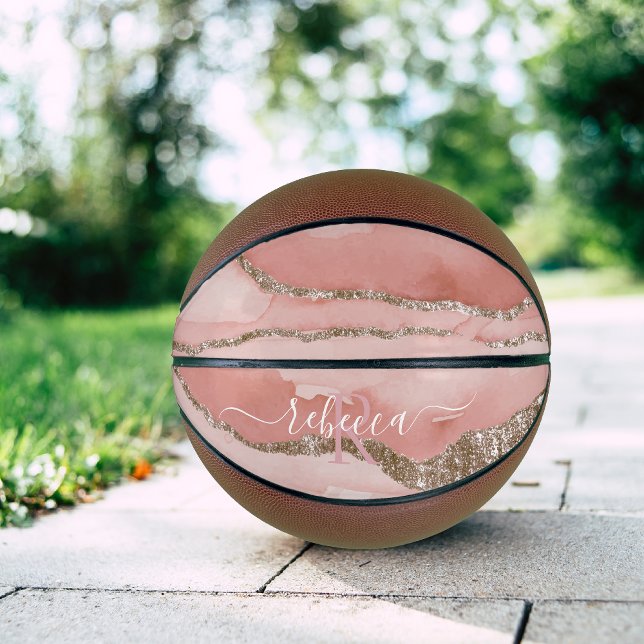 Pink Gold Marmor Monogram Calligrafy Script Name Basketball (Von Creator hochgeladen)