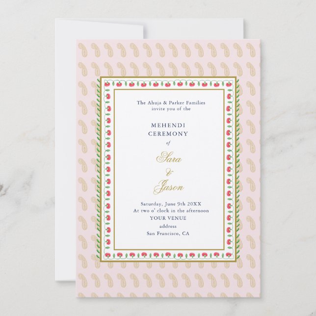 Pink & Gold Mehendi Zeremonie Indianerfeier Einladung (Vorderseite)