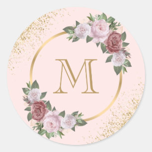 Pink-Gold-Monogramm-Konfetti-Blumenmuster Runder Aufkleber