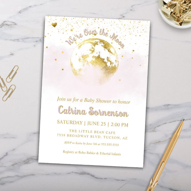 Pink Gold Moon and Stars Celestial Baby Dusche Einladung (Pink and Gold Over the Moon Baby Shower Invitation for Baby Girl Celestial Baby Shower)