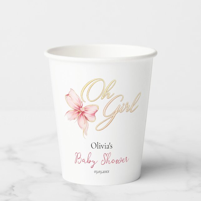 Pink & Gold “Oh Girl” Gold Typography Baby Shower Pappbecher (Rückseite)
