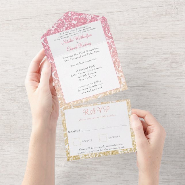 Pink Gold Ombre Paisley Henna Wedding RSVP All In One Einladung (Abreißen)