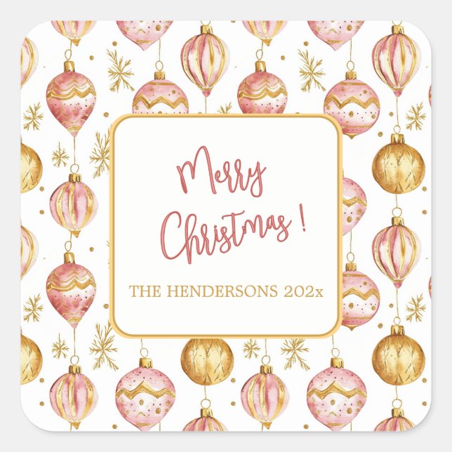 Pink Gold Ornamente Weihnachten Vintag Quadratischer Aufkleber (Vorderseite)
