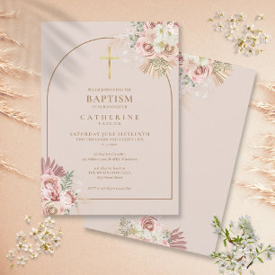 Pink Gold Pampas Gras Mädchen Taufe Einladung