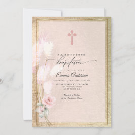 Pink Gold Pampas Grass Floral BAPTISM Einladung