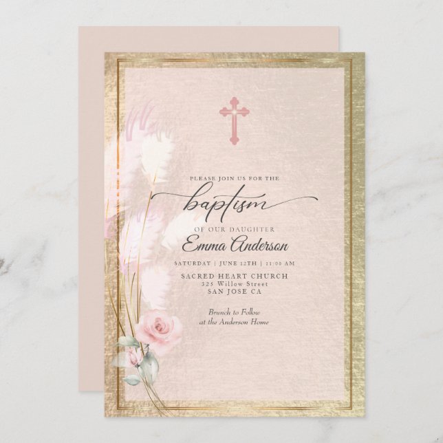 Pink Gold Pampas Grass Floral BAPTISM Einladung (Vorne/Hinten)
