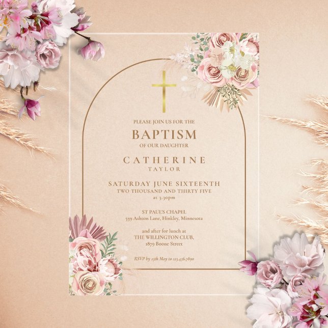 Pink Gold Pampas Grass Girl Taufe Acryleinladungen (Pink Gold Pampas Grass Girl Baptism Christening Acrylic Invitations)