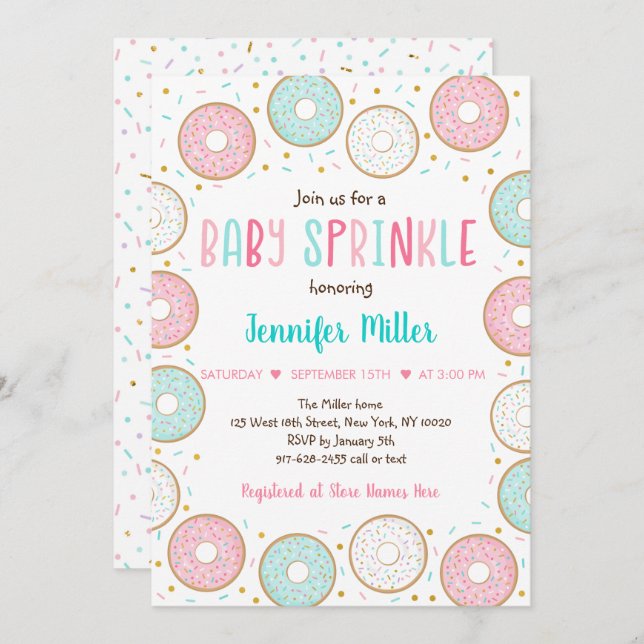 Pink Gold Pastel Donut Baby Sprinkle Einladung (Vorne/Hinten)