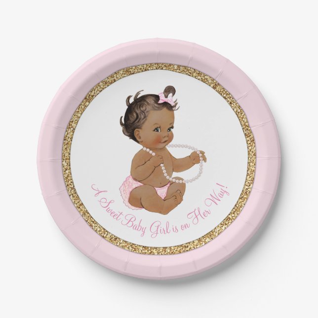 Pink Gold Pearl Ethnic Girl Baby Dusche Pappteller (Vorderseite)