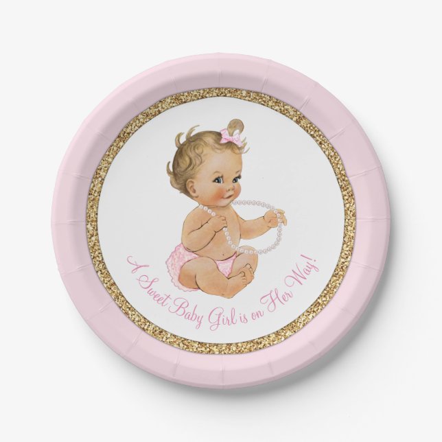 Pink Gold Pearl Girl Baby Dusche Pappteller (Vorderseite)