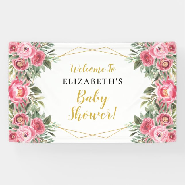 Pink Gold Peonies Baby Dusche Banner (Horizontal)