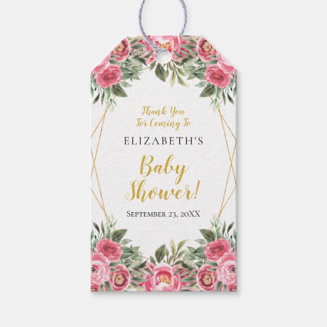 Pink Gold Peonies Baby Dusche Gefallen Geschenkanhänger (Vorderseite)