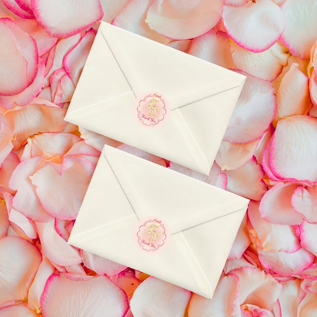 Pink & Gold Pony Vintag Danke Stickers (pink-vintage-carousel-pony-thank-you-baby-shower-stickers)