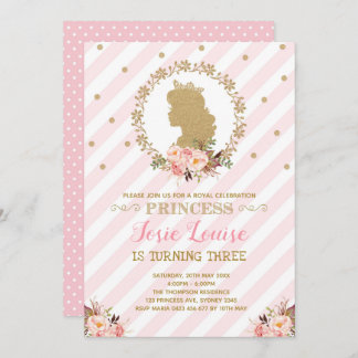 Pink Gold Princess Birthday Chic Floral Royal Einladung