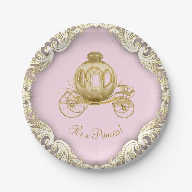 Pink Gold Princess Carriage Girl Babydusche Pappteller (Vorderseite)