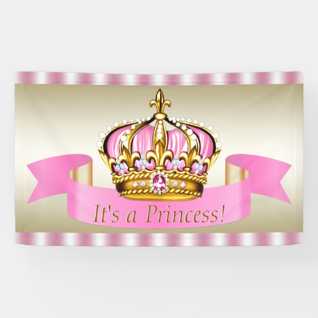 Pink Gold Princess Crown Baby Dusche Banner (Horizontal)