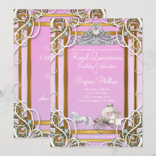 Pink Gold Princess Crown & Carriage Quinceañera Einladung