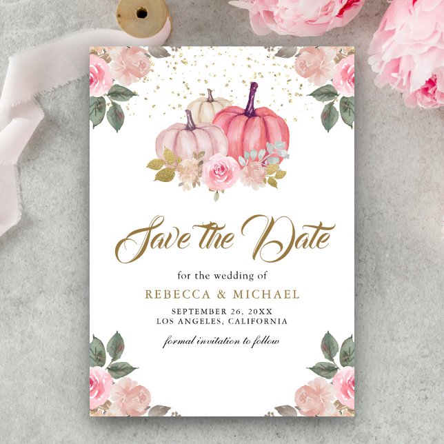 Pink Gold Pumpkin Floral Wedding Save The Date (Von Creator hochgeladen)