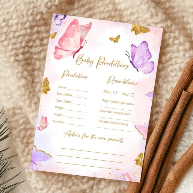 Pink Gold Purple Butterfly Shower Predictions Game (Butterfly Baby Shower Game)