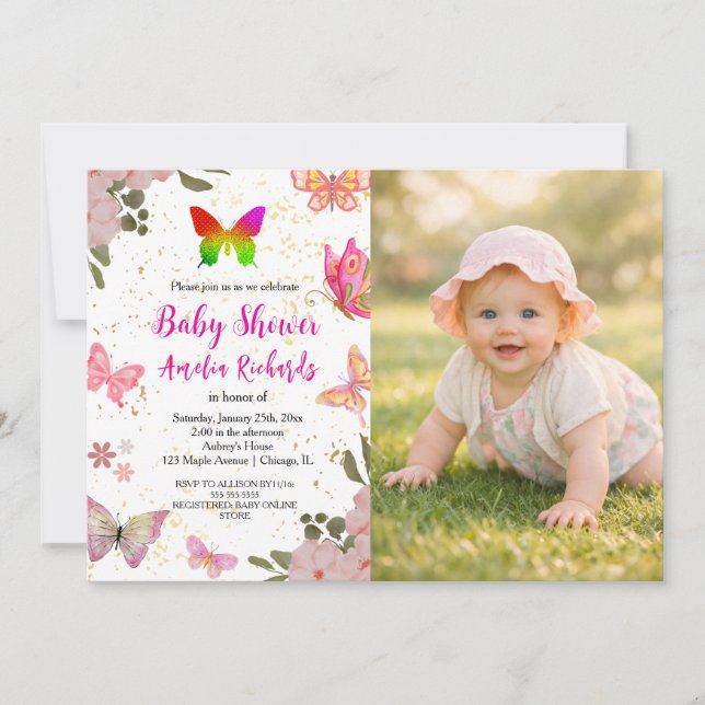 Pink gold purple elegant butterfly girl birthday einladung (Vorderseite)