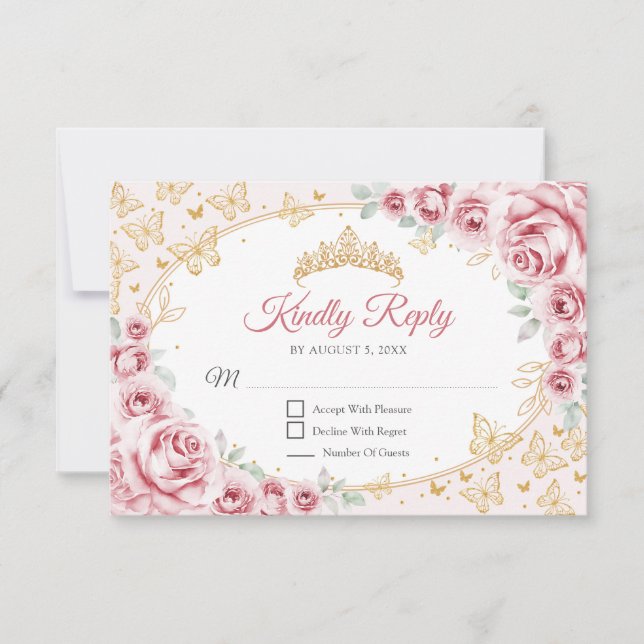 Pink Gold Quinceanera Reply RSVP Karte (Vorderseite)