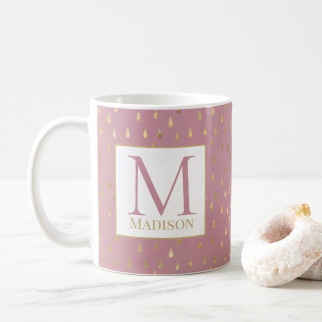 Pink Gold Raindrop Modernes Trendmonogramm Kaffeetasse (Mit Donut)