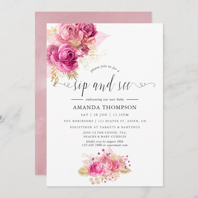 Pink & Gold Rose Aquarellsippe und sehen Einladung (Vorne/Hinten)