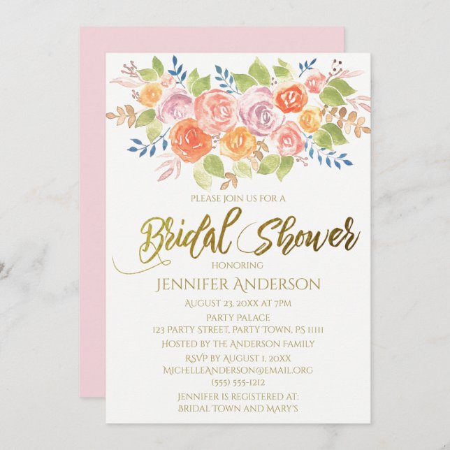 Pink Gold Rose Blumenstrauß Brautparty Einladung (Vorne/Hinten)