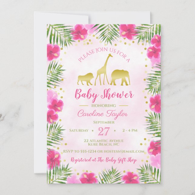 Pink Gold Safari Tiere Floral Baby Dusche Einladung (Vorderseite)