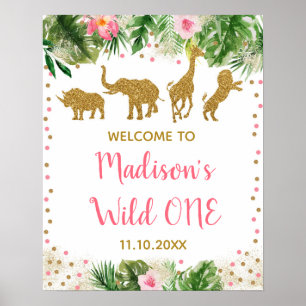 Pink & Gold Safari Wilder erste Geburtstag Willkom Poster