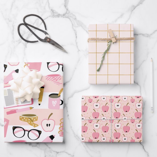Pink Gold School Girl Wrapping Paper Set Geschenkpapier Set (Vorderseite)