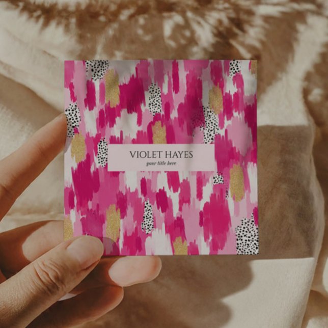 Pink Gold Schwarz-weiß Polka Dot Brush Stroke Quadratische Visitenkarte (Von Creator hochgeladen)