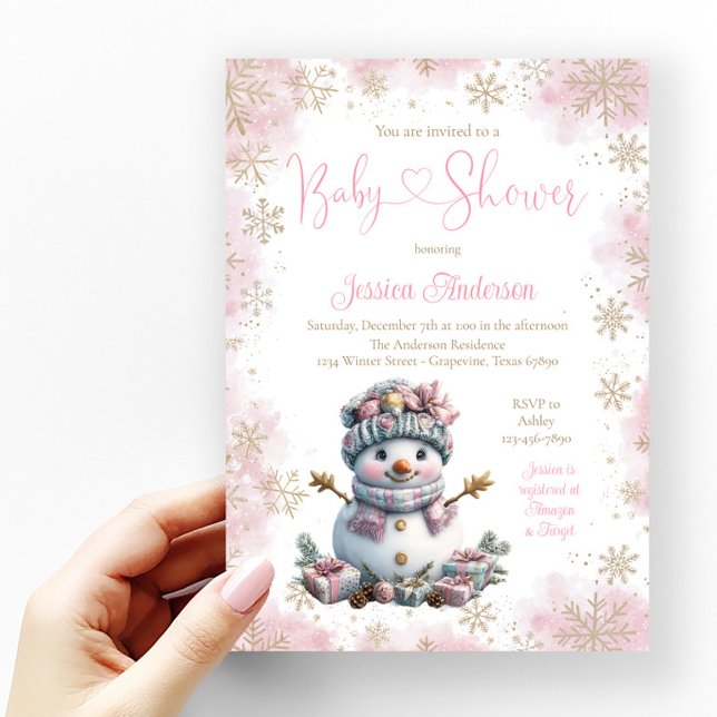 Pink Gold Snowflake Snowman Baby Dusche Einladung (Girl snowman baby shower invitation with pretty pink and gold snowflakes.)